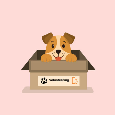 Cartoon dog in a box with Volunteering label, soft pink background.のイラスト素材