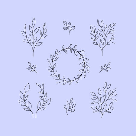 simple botanical set featuring hand-drawn branches and leaves circular wreath. Nature designs, invitations, logos, and minimalist decorations.のイラスト素材