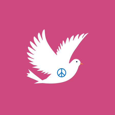 white dove with a blue peace symbol on its body, flying against a pink background, symbolizing peace and harmonyのイラスト素材