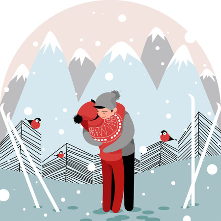 gay couple men at ski resort cuddlingのイラスト素材