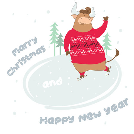 a bull in a sweater is skating on a skating rink among the treesのイラスト素材