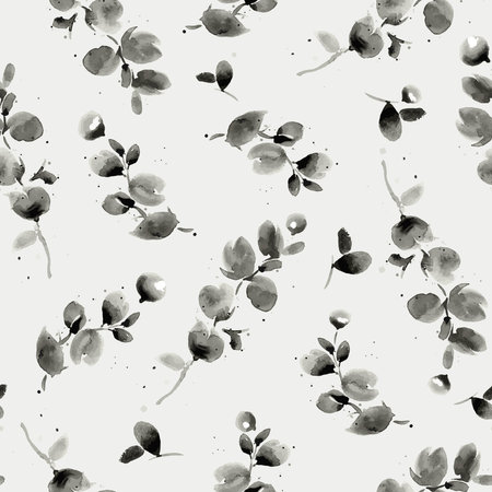 watercolor pattern of branches with leaves and berries black and whiteのイラスト素材