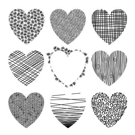 vector set of hearts of different texture, wood texture, pumice texture, lines and cells, circles and strokesのイラスト素材