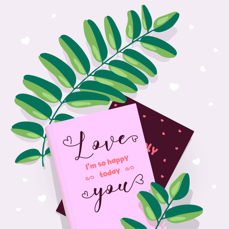 vector card for Valentine's day on February 14, declaration of love and happiness, congratulations on the holiday, books on a background of green leavesのイラスト素材