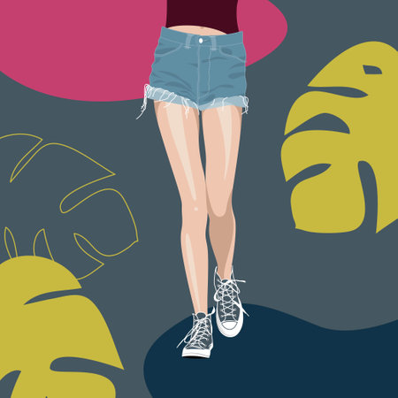 female legs in sneakers and denim shorts, walking in summer spring city park, colorful vector illustration with girlのイラスト素材