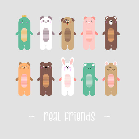 set of baby animals real friends, vector collection of colorful animals, bear, dragon, panda, pig, cat, mouse, dog, hare, frogのイラスト素材