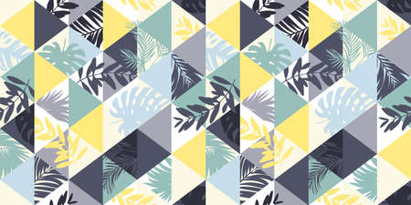 Exotic trendy seamless pattern, illustrated floral vector tropical leaves in triangles. Pattern for...