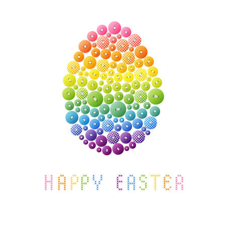 Easter card with an egg made of multicolored round buttons, sewn buttons on a white background, colored text embroidered with a cross, Happy Easterのイラスト素材