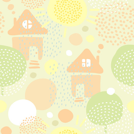 seamless children's pattern with sun, trees and rain in the village, houses on a colored background, geometric elementsのイラスト素材
