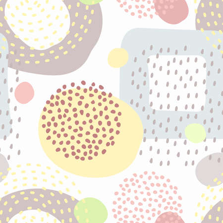 seamless abstract pattern on a white background from geometric shapes and lines, colored circles and squaresのイラスト素材