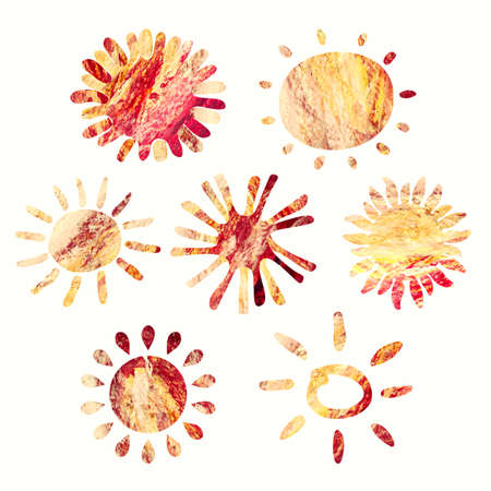 set of drawn sun in grunge style, summer applique with oil painting texture isolated on white...