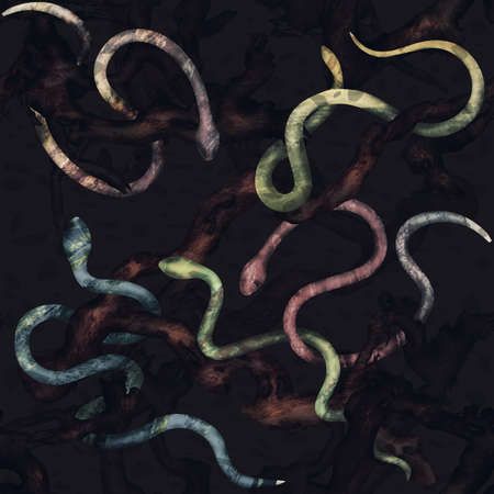 seamless pattern with snakes in the jungle, illustration with repeating snakes and branches on black...