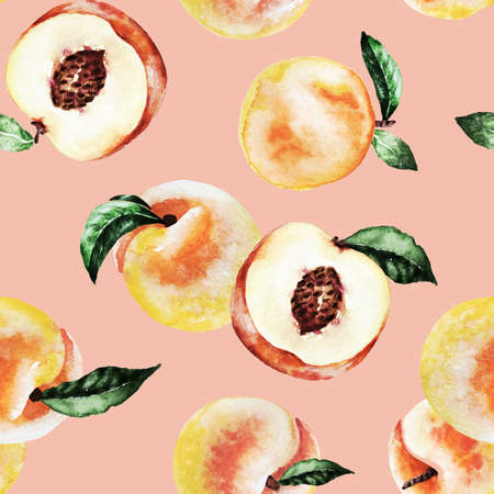 watercolor seamless pattern of peaches with leaves, juicy ripe fruits isolated on pink background, illustration of peaches with seedsの写真素材