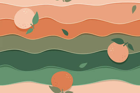 seamless vector background oranges in waves, repeating lines and fruits with leaves, abstract...
