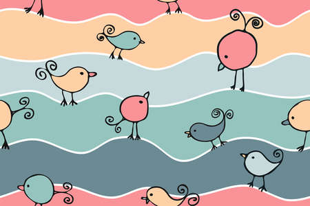 abstract seamless background with birds and waves, multicolored repeating pattern imitation of the sea or sky, vector cute bird charactersのイラスト素材