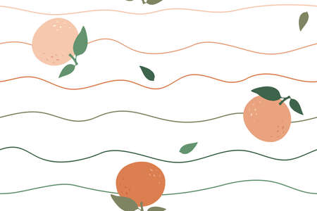 seamless vector background oranges in waves, repeating lines and fruits with leaves, abstract...