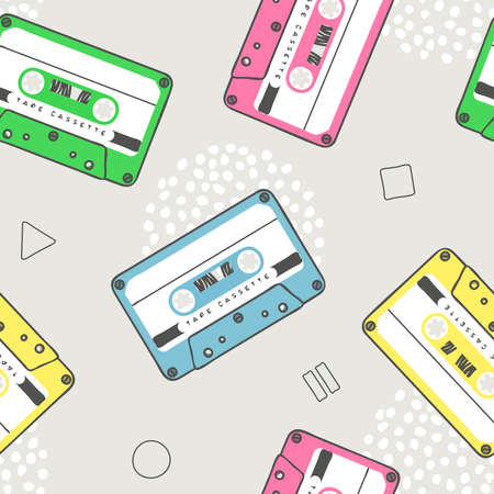 seamless pattern with tape cassettes, vector colored retro music cassettesのイラスト素材
