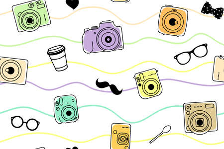 seamless vector pattern of colored trendy cameras, mustache, coffee cup, plastic spoon, glasses and heart, hipster set isolated on white backgroundのイラスト素材