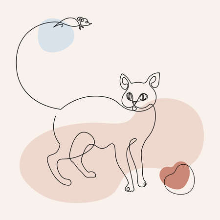 Modern One line drawing cat and mouse with abstract shapes isolated on white background. Hand drawn continuous line art vector illustration for prints, cards or invitations. Abstract cat and mouseのイラスト素材