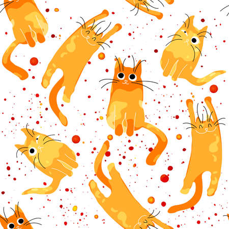 seamless vector pattern with ginger kittens isolated on white background, cats with different emotions for the holiday Cat Dayのイラスト素材