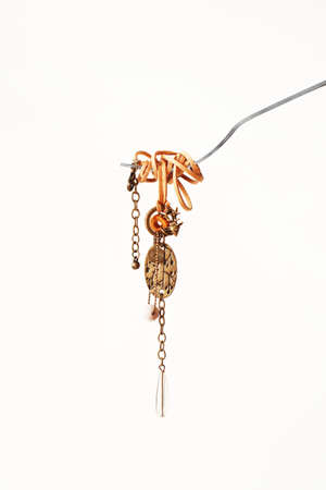 decoration on a leather strap on a fork like spaghetti, pendant close-up on a white backgroundの写真素材