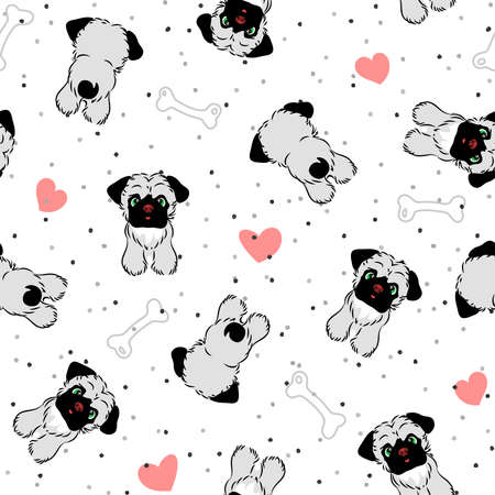 vector seamless pattern with puppies, hearts and bones for dogs, repeating pugs on polka dot background, doggy domestic pet isolated on white backgroundのイラスト素材