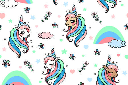 vector seamless pattern with unicorns with different skin tone, festive pattern in pastel colors on a white background, children's print for a birthday or holiday invitationのイラスト素材
