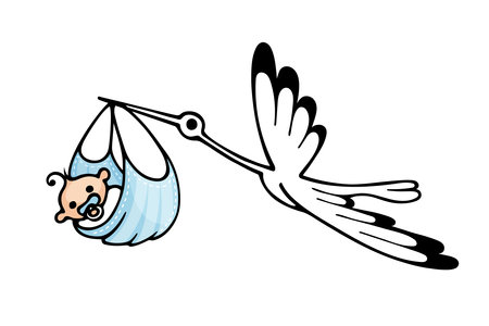 stork carries a baby in a blue medical mask during quarantine and a pandemic, the birth of a new person at a bad time, used disposable masks as a social problem of environmental pollutionのイラスト素材