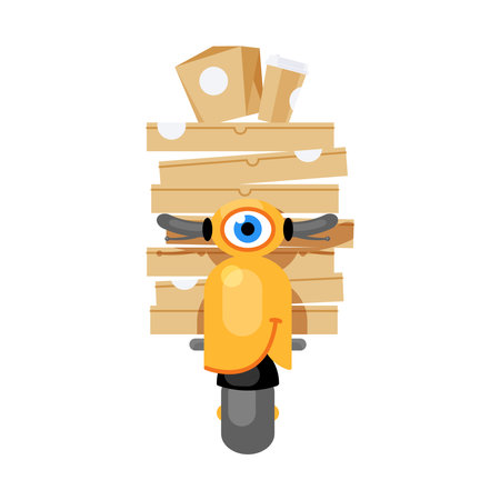 food delivery service, yellow moped carries boxes of pizza, sushi, noodles, a glass of coffee, contactless delivery, smiling friendly staffのイラスト素材