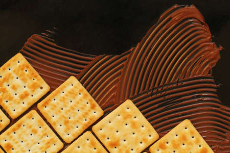 crackers and chocolate paste on black background, cookies lined up like brickwork, copy space for banner, culinary creative conceptの写真素材