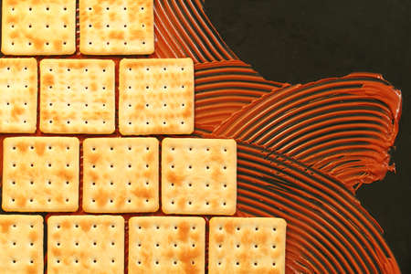 crackers and chocolate paste on black background, cookies lined up like brickwork or ceramic tiles, copy space for banner, culinary creative conceptの写真素材