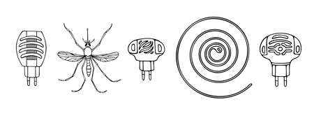 vector black and white set of insect protection items, various fumigators, spiral and mosquito isolated on white backgroundのイラスト素材