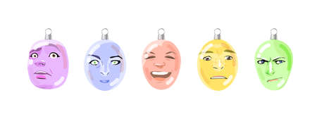 Round Christmas multicolored balls abstract comic faces with different emotions. Various fictional characters in cartoon style. Christmas tree decorationのイラスト素材