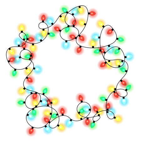 New Year's multi-colored shiny garland in the form of a frame. Colored holiday light bulbs on a black wire isolated on a white background. Decoration for banner and greeting card.のイラスト素材