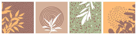A set of hand-drawn branches, leaves, berries and herbs. Herbarium on multi-colored square tiles....
