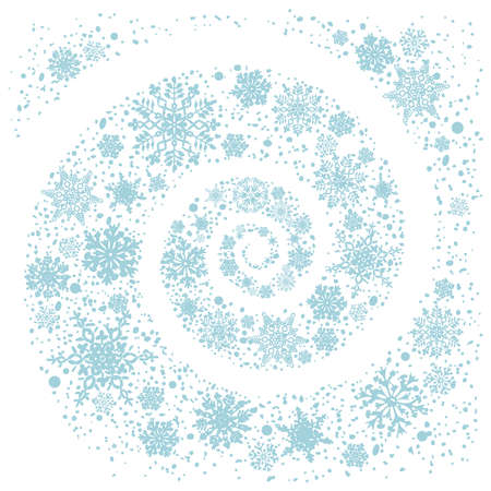 Snowflakes in the form of a spiral. Snow blizzard on a white winter background. Christmas background for greeting card. Xmas ornament or design.のイラスト素材