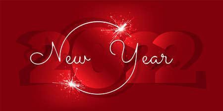 Happy New Year 2022. White handwritten lettering, glare and sparks from sparklers on a holiday date....