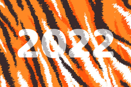 Happy new year of the tiger 2022. Numbers 2022 on a tiger skin background for poster, postcard, banner. Black and white stripes on orange backgroundのイラスト素材
