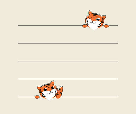 Two vector tiger cubs and lines on a gray background. The character on the cover of the notebook. Year 2022 symbol for invitation or greeting card.のイラスト素材