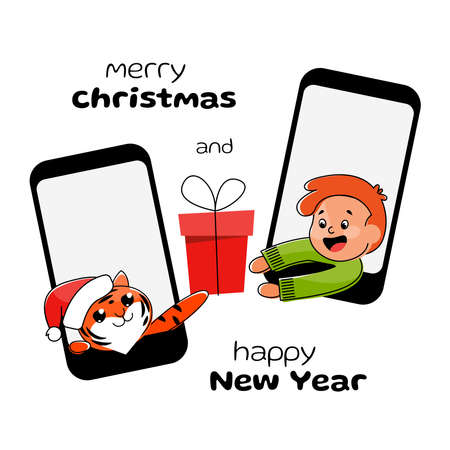 The symbol of the year, the tiger cub, gives a gift to the boy keeping distance. virus prevention and safe Christmas celebration online. Card Merry christmas and happy new year 2022.のイラスト素材