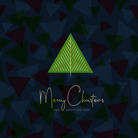 New Year card with a golden Christmas tree on a night background. Seamless pattern with colored triangles. Happy New Year and Merry Christmas greetings.のイラスト素材
