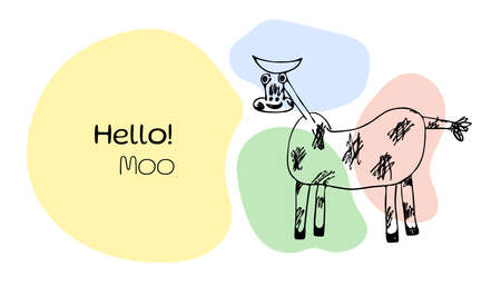 Vector bull drawn by a child's hand on a background of colored spots. Greeting card with a cow and copy space in the cloud. Invitation to a children's party or new year. Pet outline.のイラスト素材