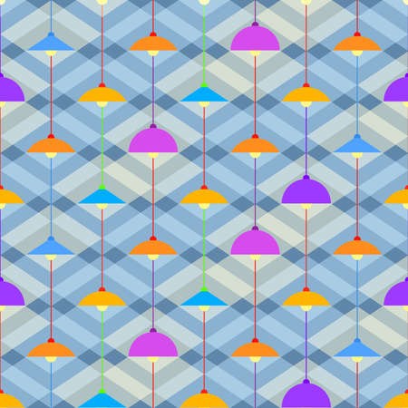 Seamless vector pattern with electric lamps in lampshades. Repetitive lighting fixtures. Interior element on a geometric background.のイラスト素材