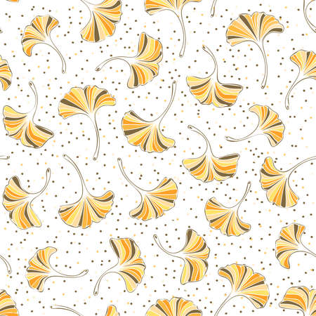 Seamless vector pattern with ginkgo biloba leaves and dots. Botanical beige background. Doodle plants Isolated on white background.のイラスト素材