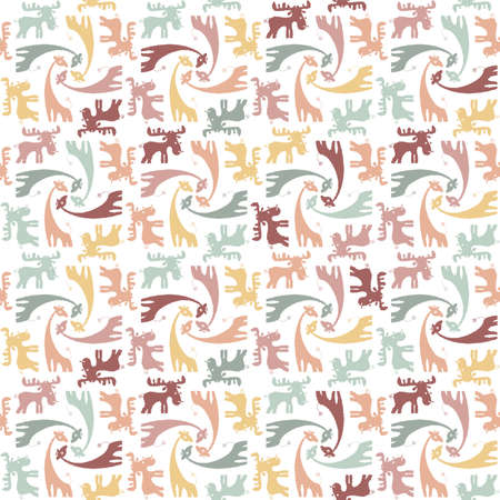 Seamless vector children's pattern with giraffe and elk. Geometric shapes flat animals in the zoo. Repeating multicolored figurines like tiles isolated on white background. Funny eyes like spiralsのイラスト素材