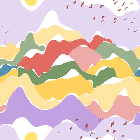 Seamless vector pattern with mountains, birds and sun. Snowy mountain peaks on the horizon against the sky. A repeating flock of birds, a cloud and flowing lines. Abstract multicolored landscape.のイラスト素材