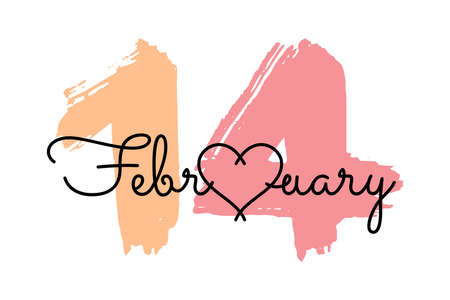Vector greeting card for Valentine's Day. Black handwritten text on a background of multicolored numbers 14. Lettering isolated on a white background. Calendar date 14 February with heartのイラスト素材