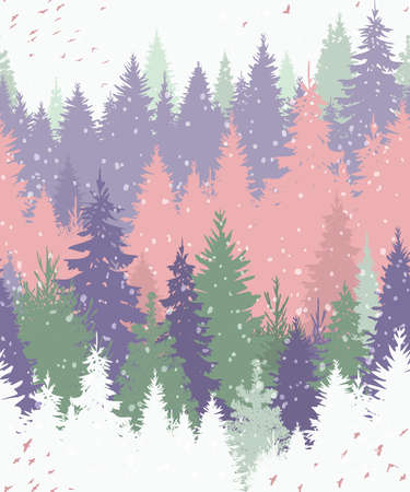 Seamless pattern with a forest and a flock of birds. Winter vector Christmas landscape with fir trees and snow. Fabulous multicolor print with trees on the horizonのイラスト素材
