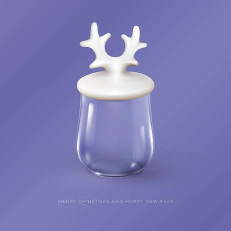 Glass jar with white porcelain lid with deer antlers. Christmas decorative design on a background color very peri. Xmas glass showcase. Transparent stand for Promotion Productのイラスト素材