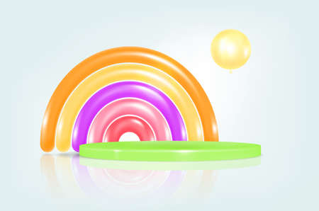 Vector showcase for goods on the background of a multicolored rainbow. 3D rendering podium, colorful pastel rainbow, sun, sky and weather with empty space for baby product. The balloon is like the sunのイラスト素材